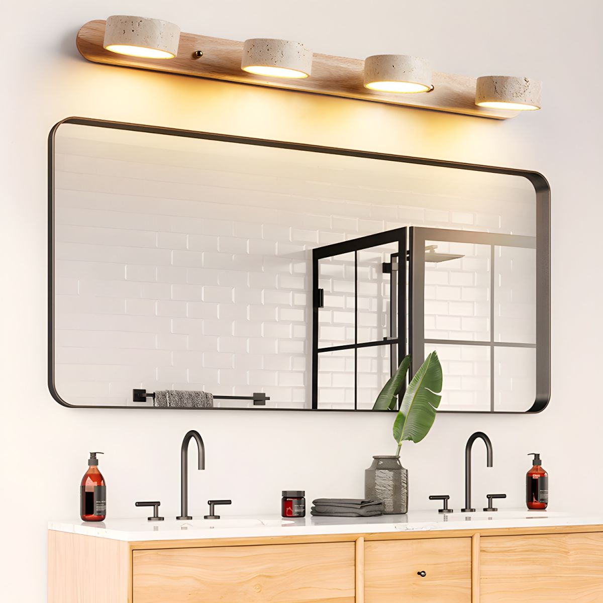 Averra Indoor LED Wall Light - Natural Travertine & Wood Sconce Light 5