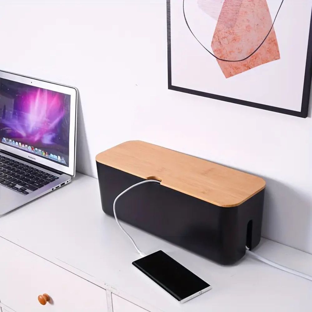 Bamboo Cable Organizer Box - Stylish Cord Management for Desk & Home 0