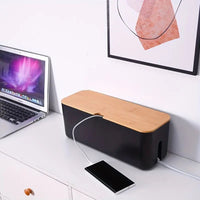 Bamboo Cable Organizer Box - Stylish Cord Management for Desk & Home 0