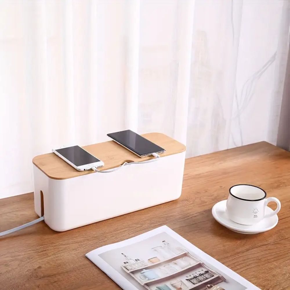 Bamboo Cable Organizer Box - Stylish Cord Management for Desk & Home 1