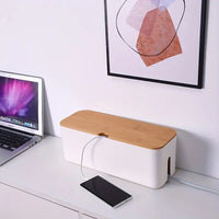 Bamboo Cable Organizer Box - Stylish Cord Management for Desk & Home 2