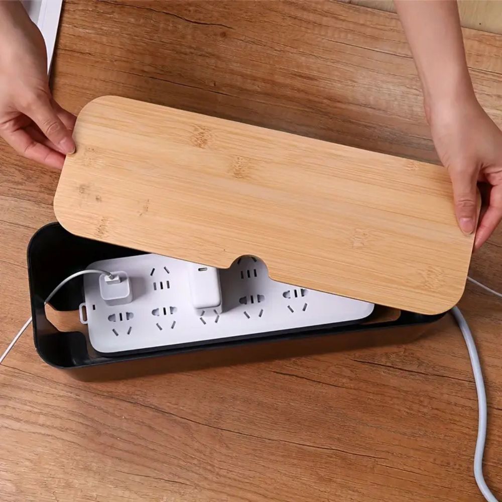 Bamboo Cable Organizer Box - Stylish Cord Management for Desk & Home 3