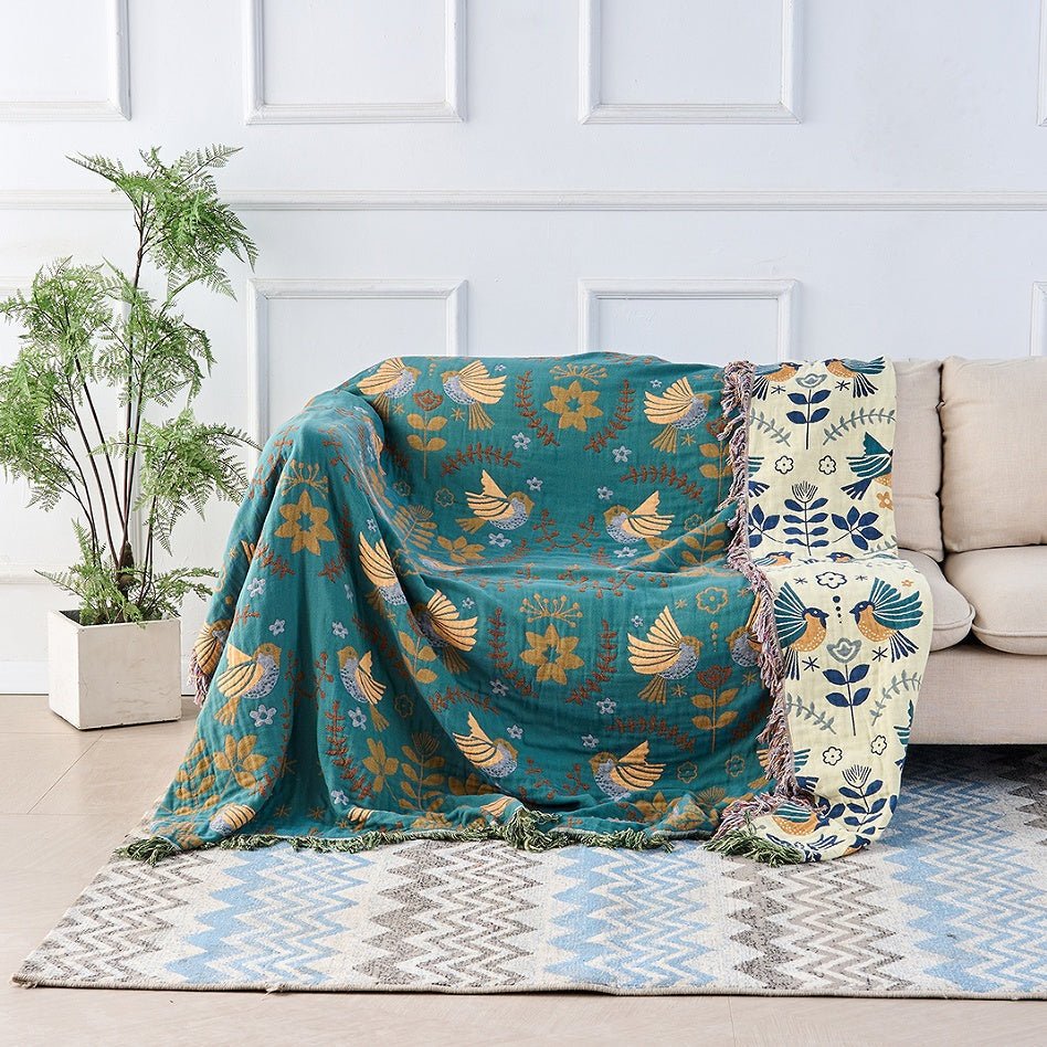 Birchfold - Reversible 100% Cotton Blanket with Nordic Bird Motif 0