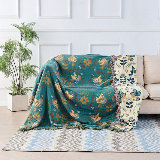Birchfold - Reversible 100% Cotton Blanket with Nordic Bird Motif 0