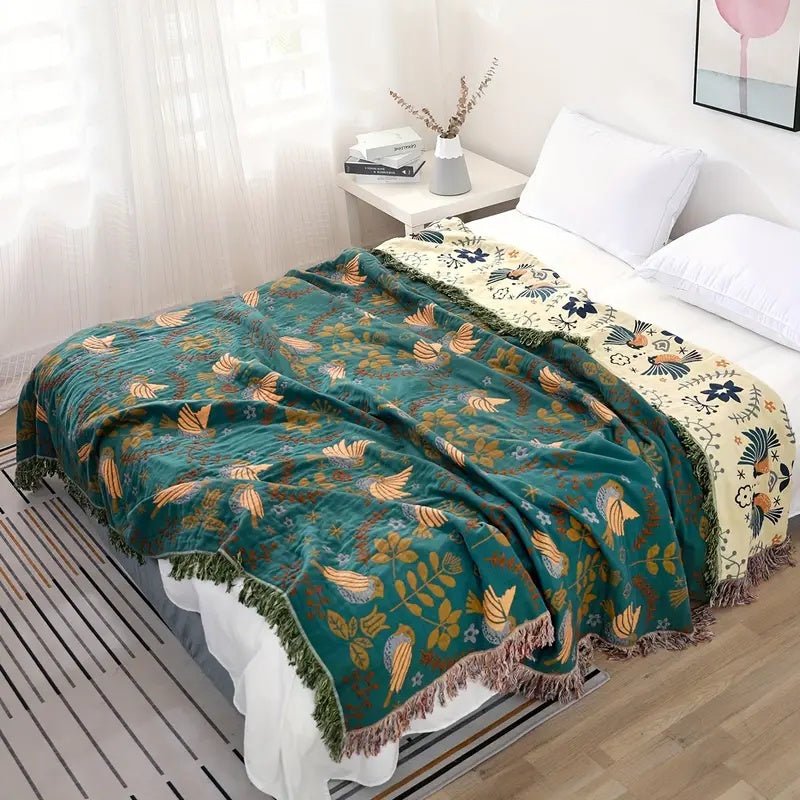 Birchfold - Reversible 100% Cotton Blanket with Nordic Bird Motif 3