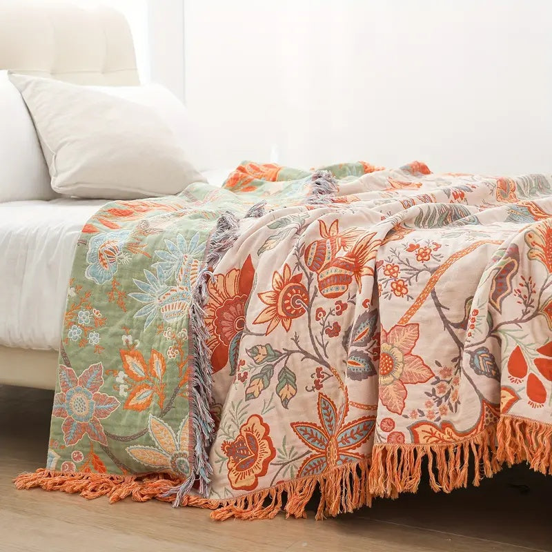 Boho Floral Cotton Throw Blanket - Soft, Stylish Accent for Cozy Spaces 0