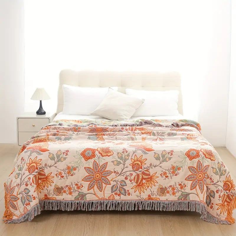 Boho Floral Cotton Throw Blanket - Soft, Stylish Accent for Cozy Spaces 4