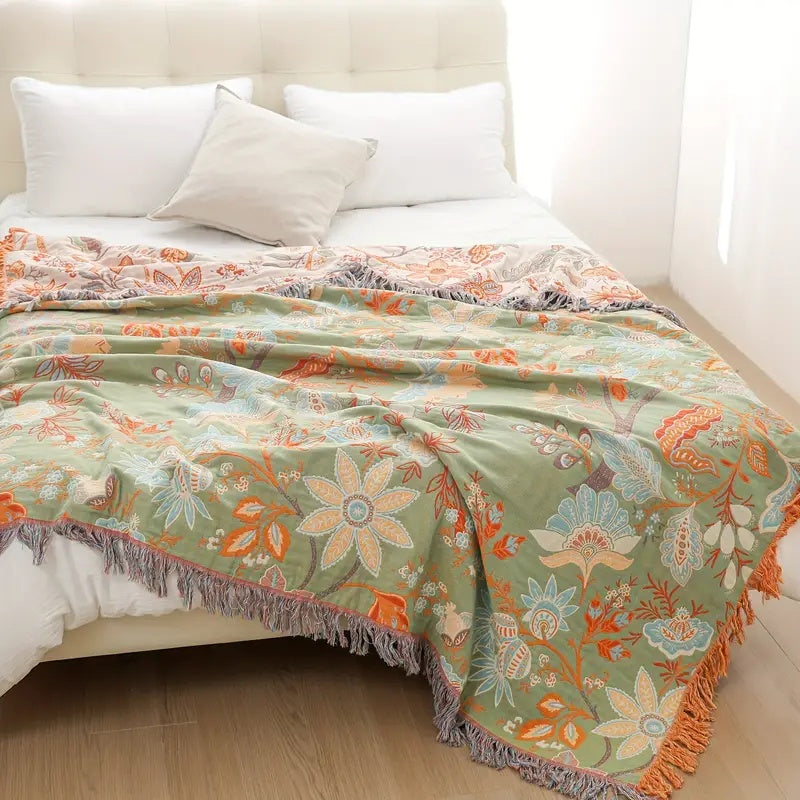 Boho Floral Cotton Throw Blanket - Soft, Stylish Accent for Cozy Spaces 8