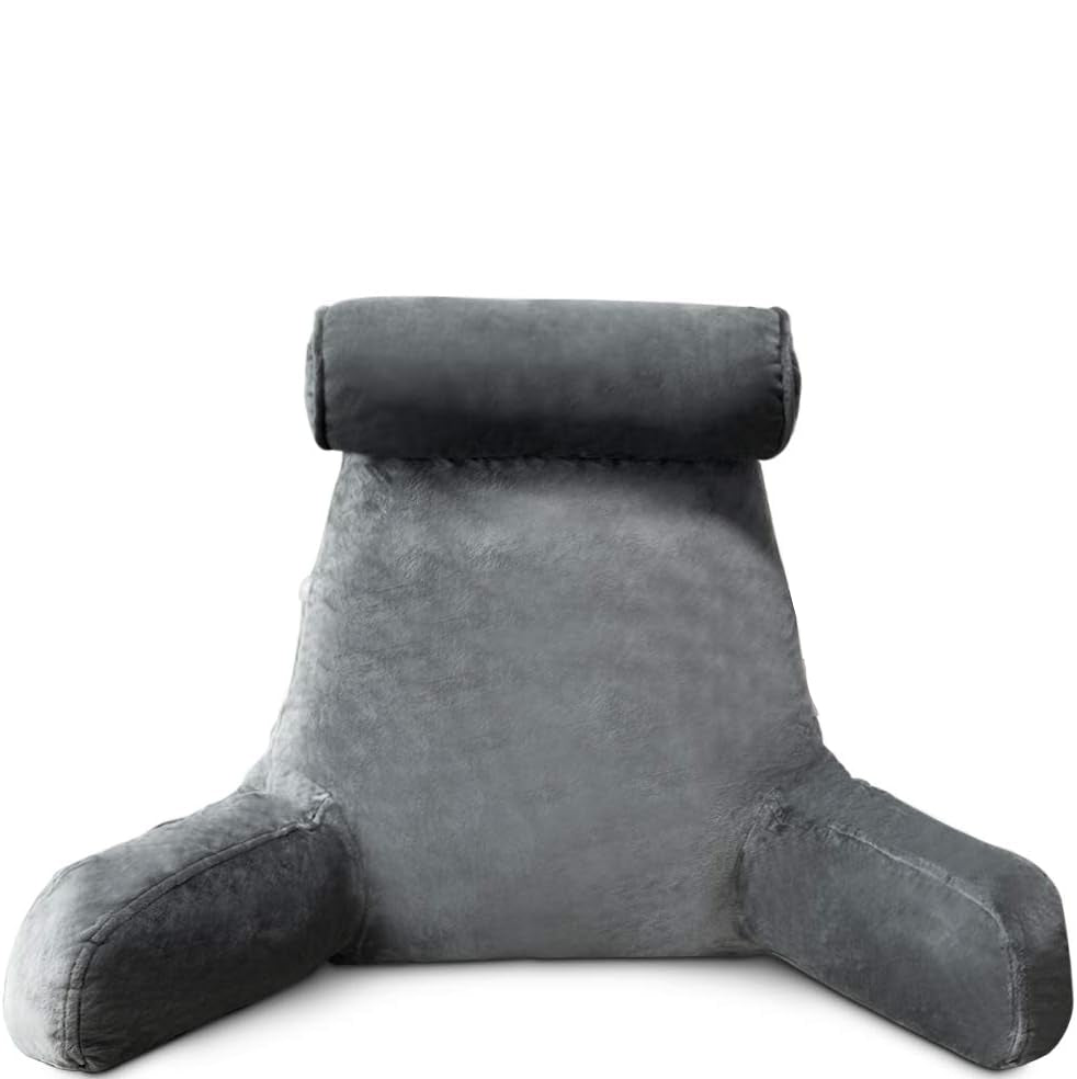 Cozy Reading Bed Pillow with Arm Support, Soft Velour Cover & Side Pocket 2