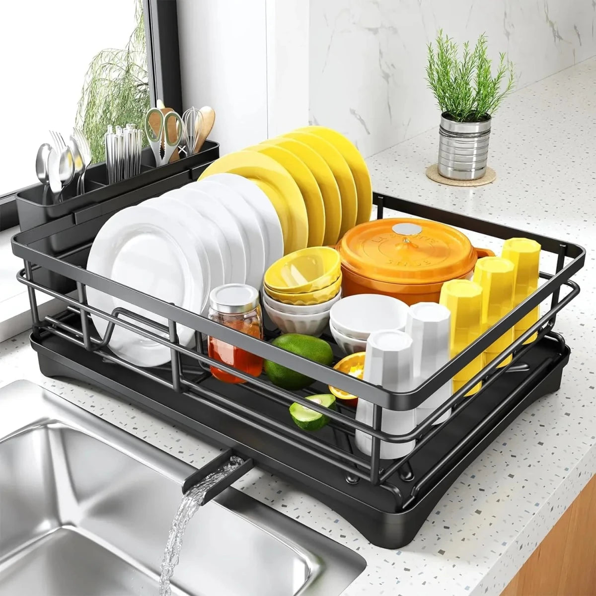 DrainFlow - Large Dish Drying Rack with Integrated Drip Tray for Efficient Drying 0