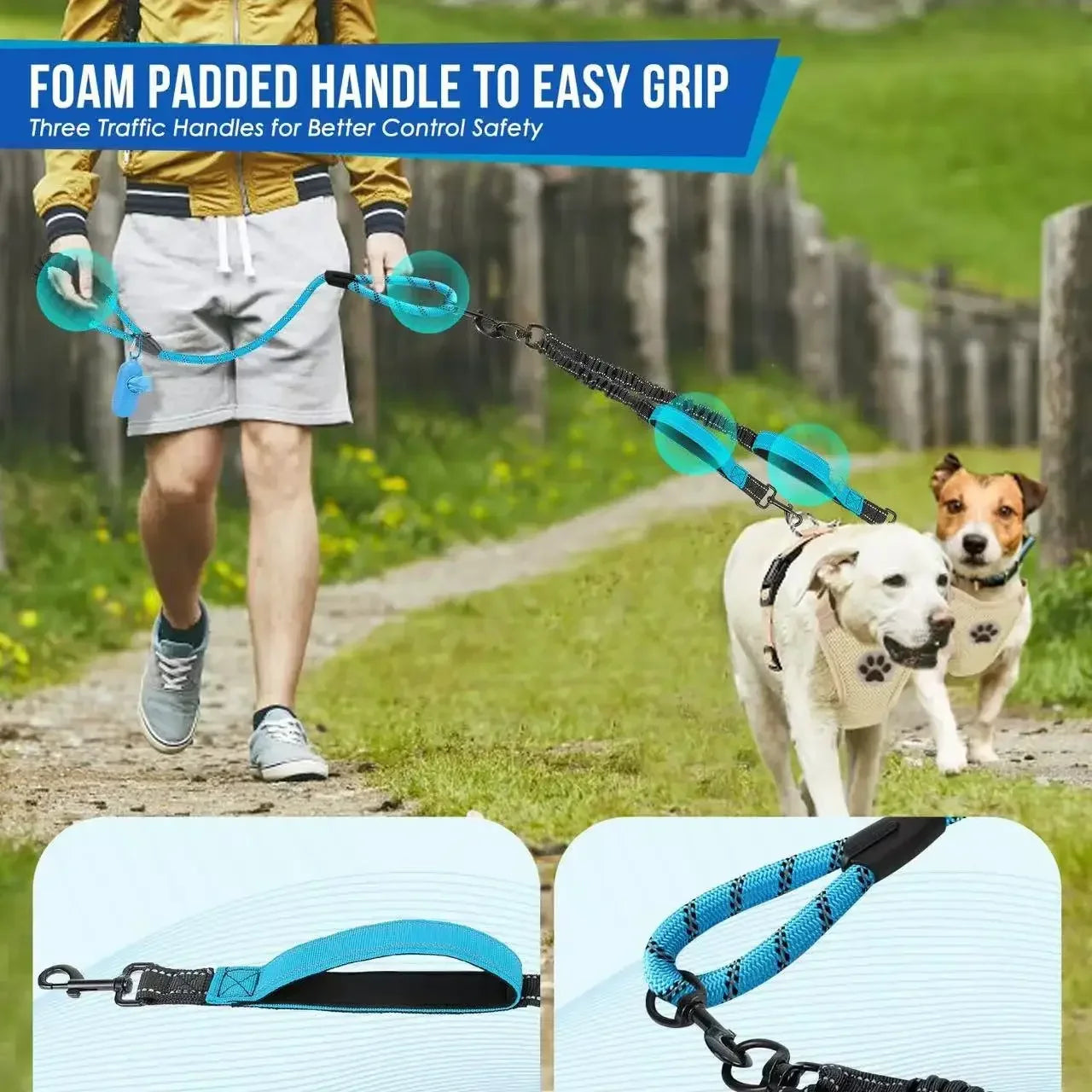 Dual Dog Leash with Reflective Design, 360° Swivel & Shock Absorption 1