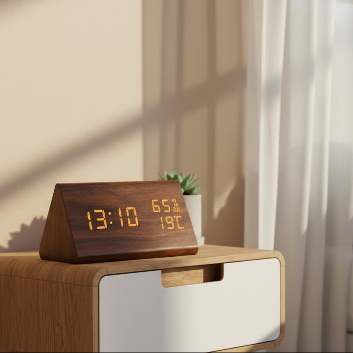 ECOCLOCK – Minimalist Digital Wooden Clock with Temperature Display & Light Control 2
