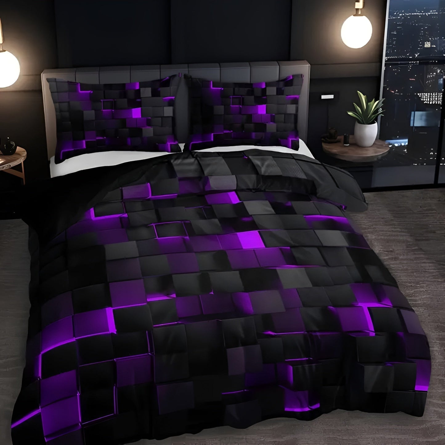 Geomatrix Modern Duvet Cover Set - Neon 3D Grid Print, Queen Size, Soft Microfiber & Cotton Blend 1