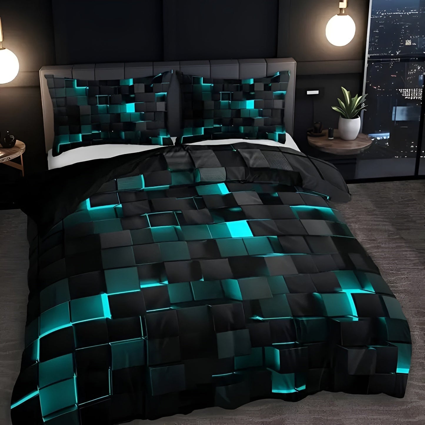 Geomatrix Modern Duvet Cover Set - Neon 3D Grid Print, Queen Size, Soft Microfiber & Cotton Blend 2