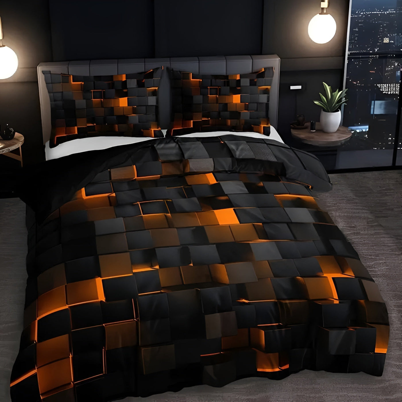 Geomatrix Modern Duvet Cover Set - Neon 3D Grid Print, Queen Size, Soft Microfiber & Cotton Blend 3
