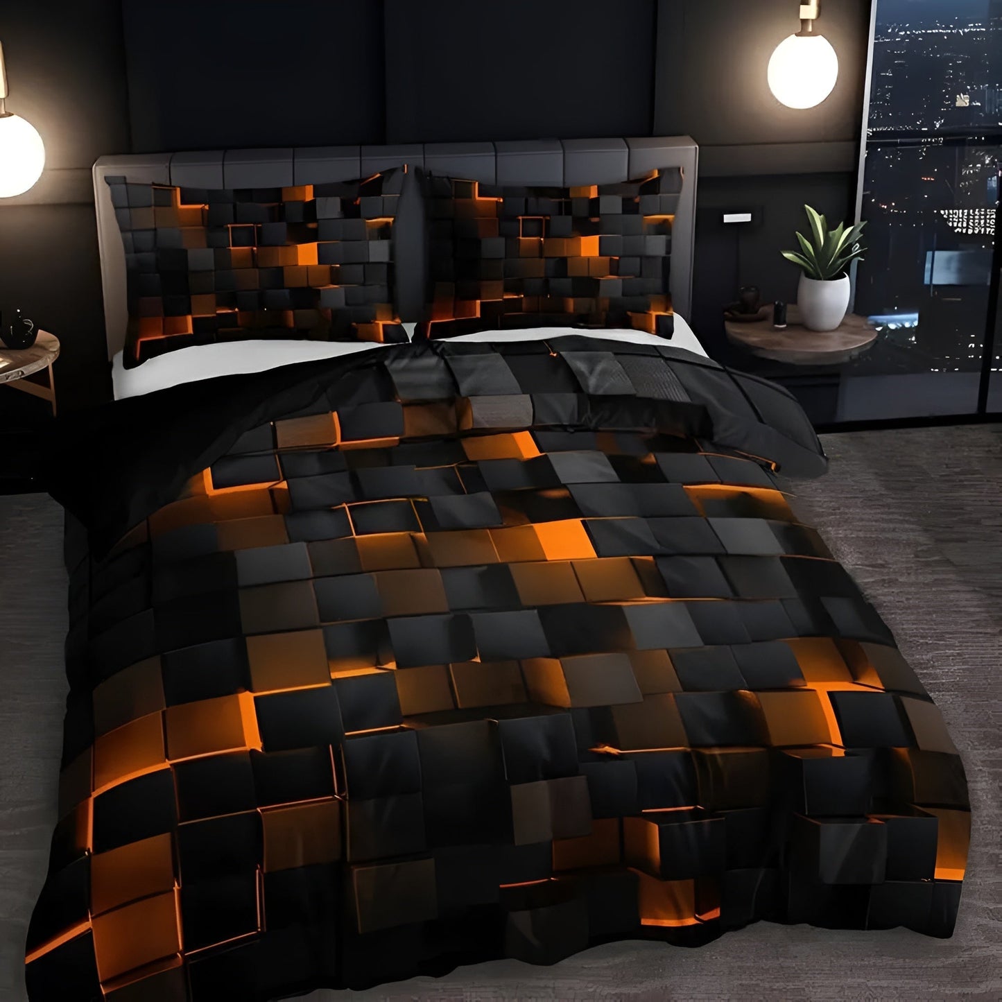 Geomatrix Modern Duvet Cover Set - Neon 3D Grid Print, Queen Size, Soft Microfiber & Cotton Blend 3