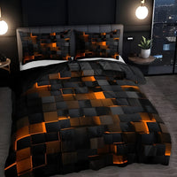 Geomatrix Modern Duvet Cover Set - Neon 3D Grid Print, Queen Size, Soft Microfiber & Cotton Blend 3