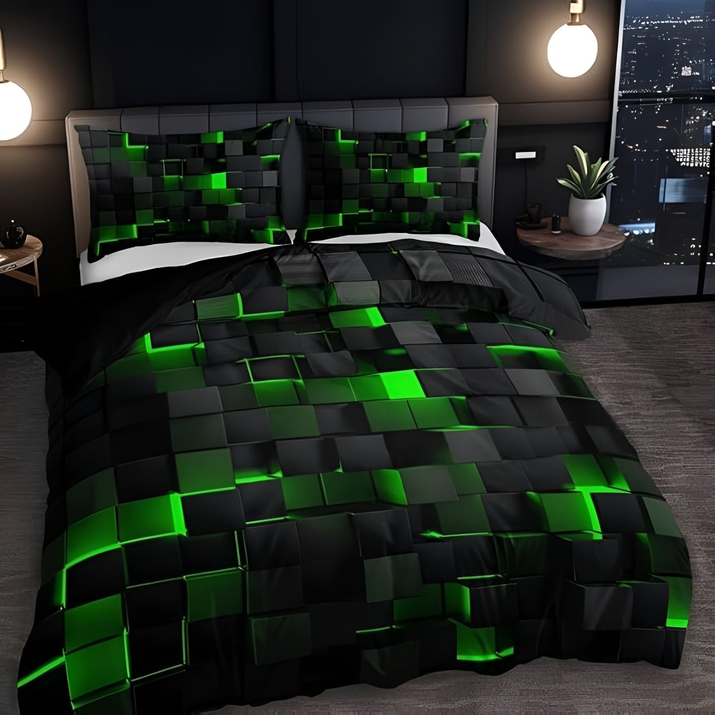 Geomatrix Modern Duvet Cover Set - Neon 3D Grid Print, Queen Size, Soft Microfiber & Cotton Blend 5