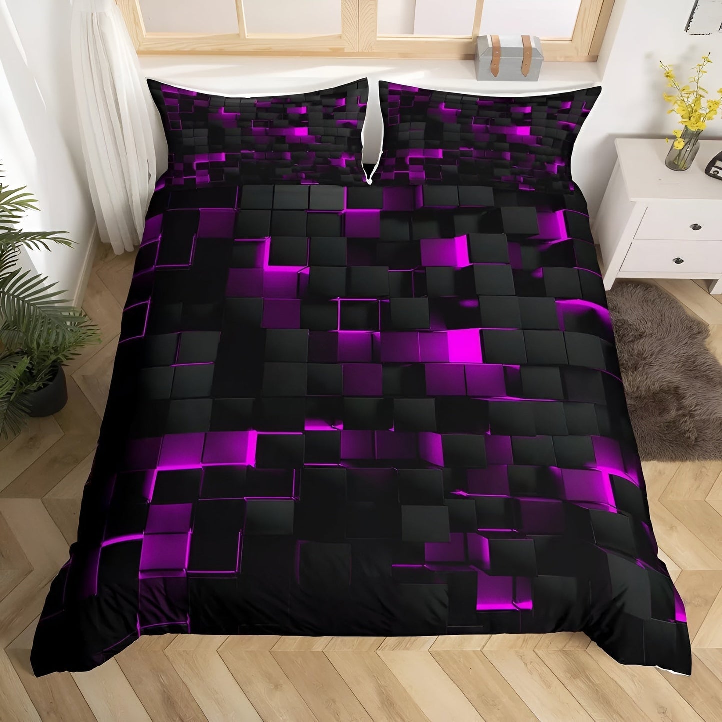 Geomatrix Modern Duvet Cover Set - Neon 3D Grid Print, Queen Size, Soft Microfiber & Cotton Blend 6