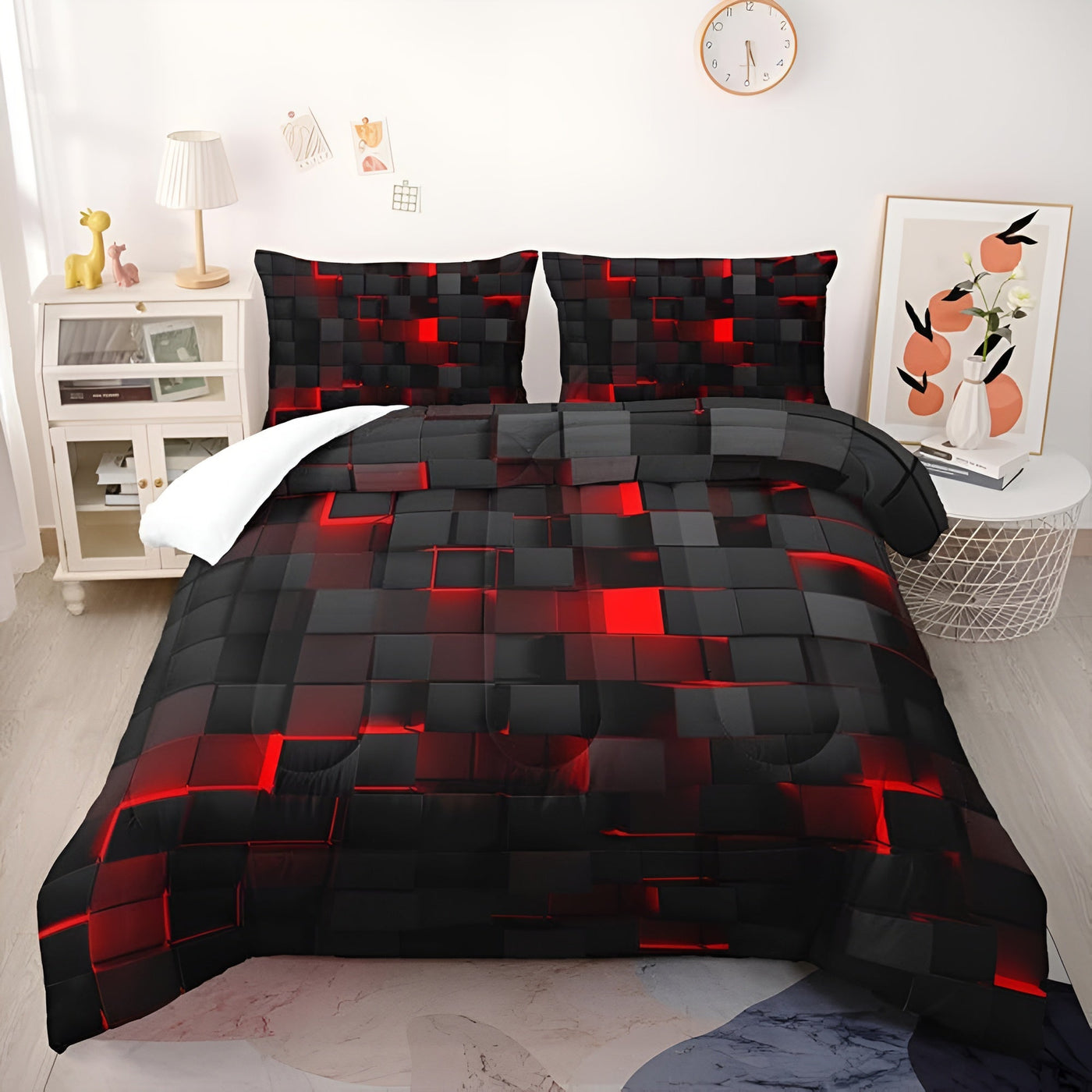 Geomatrix Modern Duvet Cover Set - Neon 3D Grid Print, Queen Size, Soft Microfiber & Cotton Blend 7