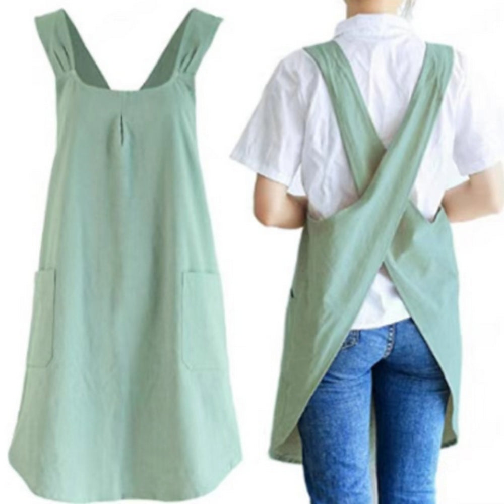Korean-Inspired Cross-Back Apron Dress - Lightweight Cotton Blend with Pockets 0