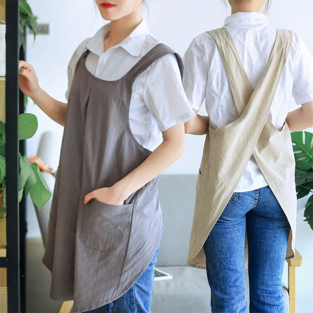 Korean-Inspired Cross-Back Apron Dress - Lightweight Cotton Blend with Pockets 1