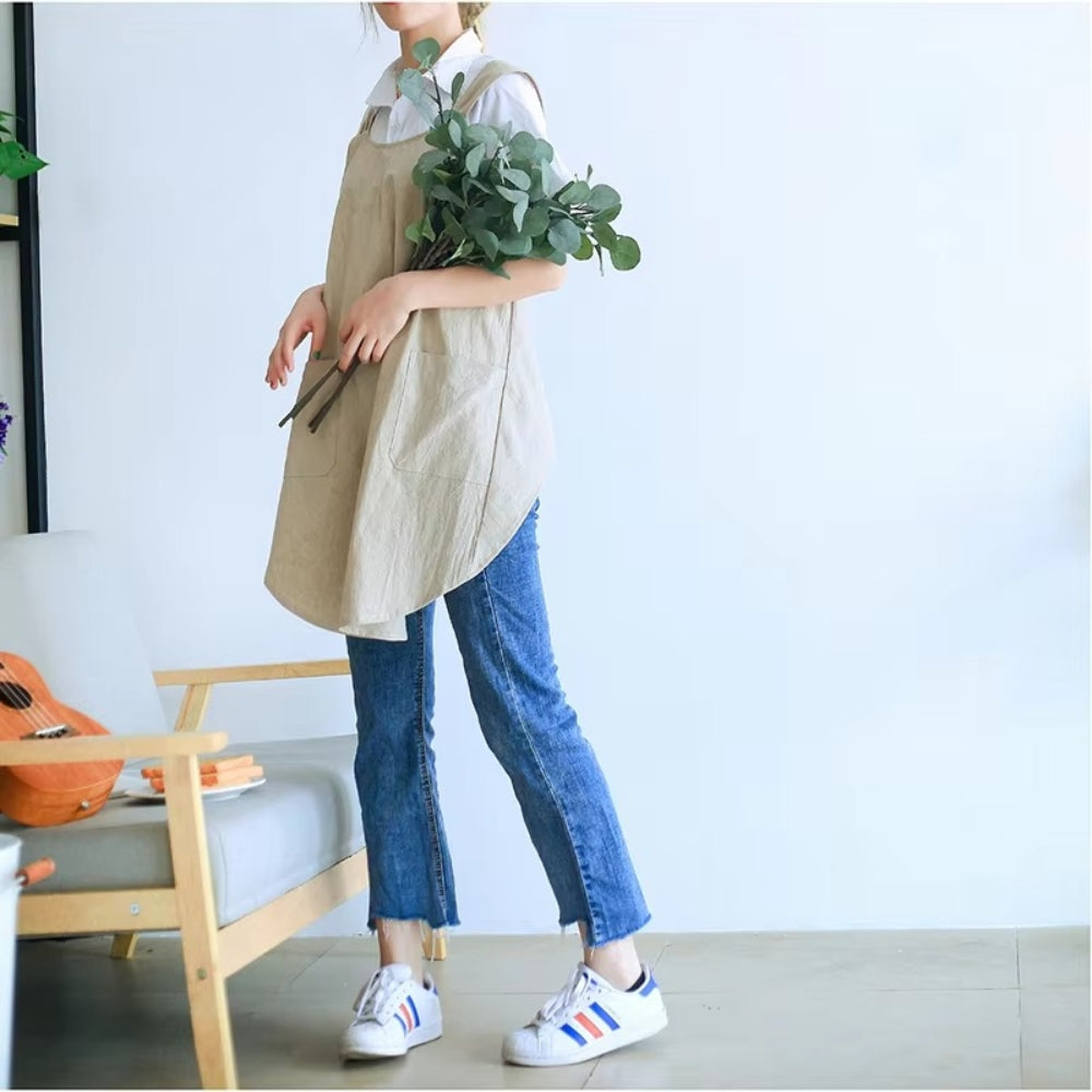 Korean-Inspired Cross-Back Apron Dress - Lightweight Cotton Blend with Pockets 2