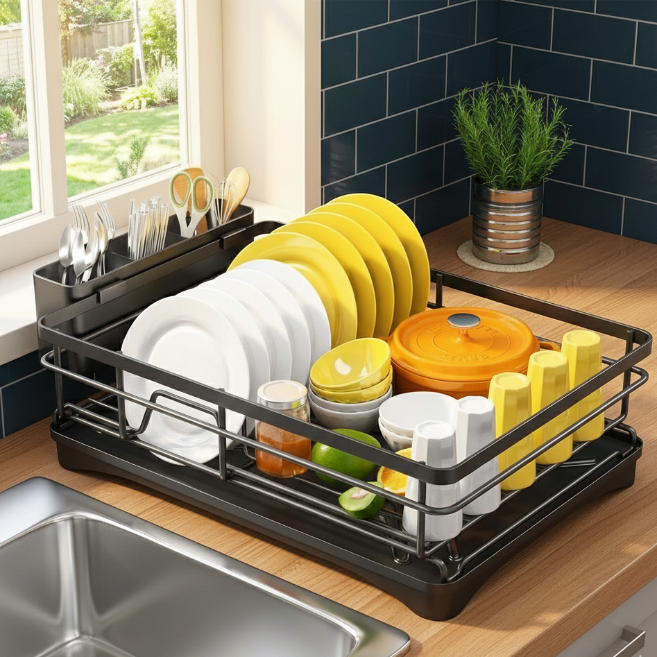 Large Stainless Steel Dish Drying Rack with Efficient Drainboard & Cutlery Holder 2