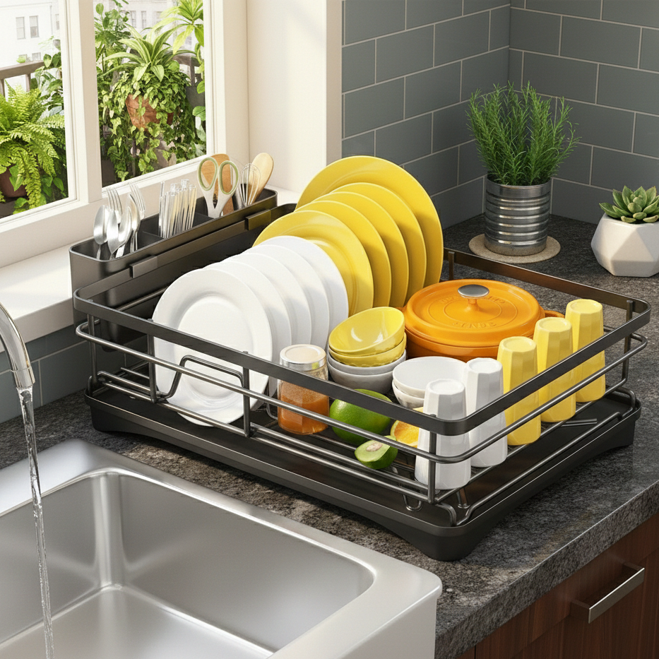 Large Stainless Steel Dish Drying Rack with Efficient Drainboard & Cutlery Holder 4