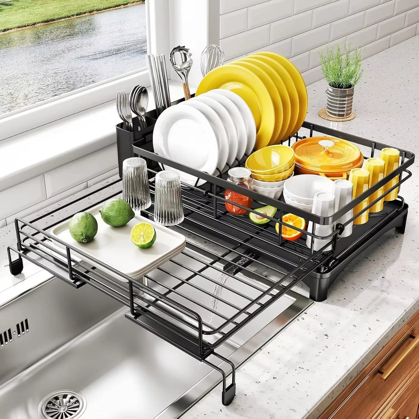 Large Stainless Steel Dish Drying Rack with Efficient Drainboard & Cutlery Holder 5