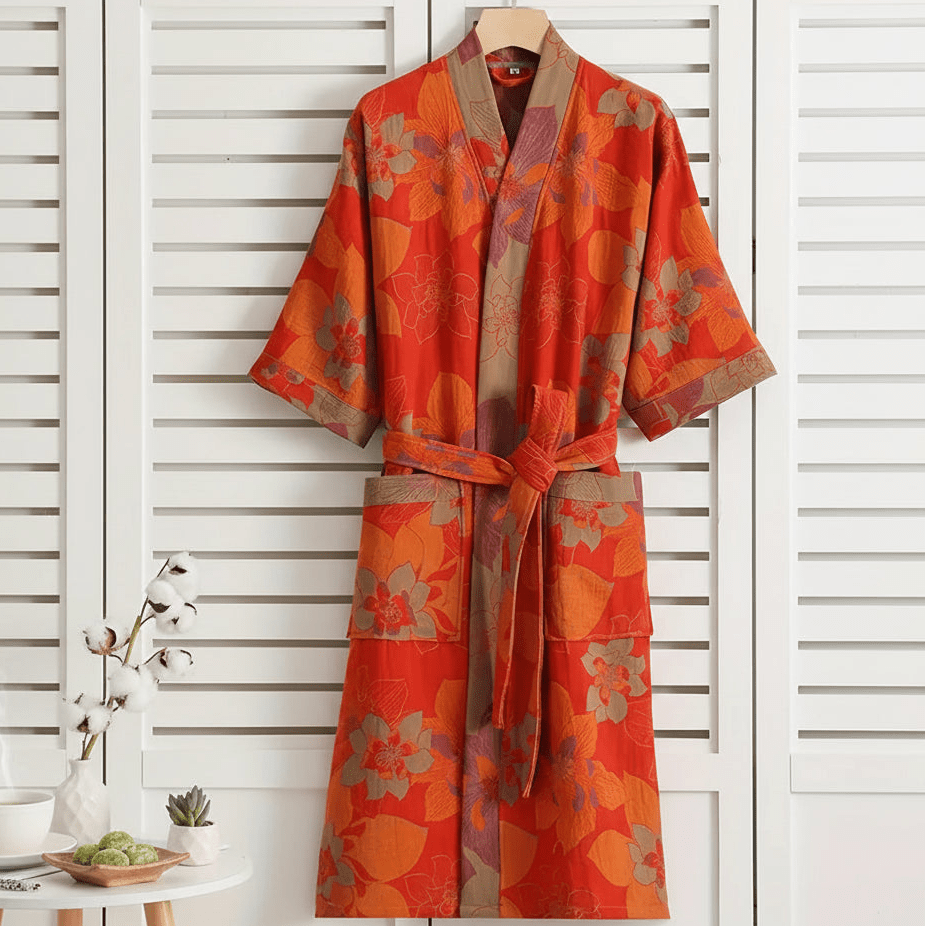LeafKimono - Reversible Organic Cotton Bathrobe with Ginkgo Leaf Motif 10