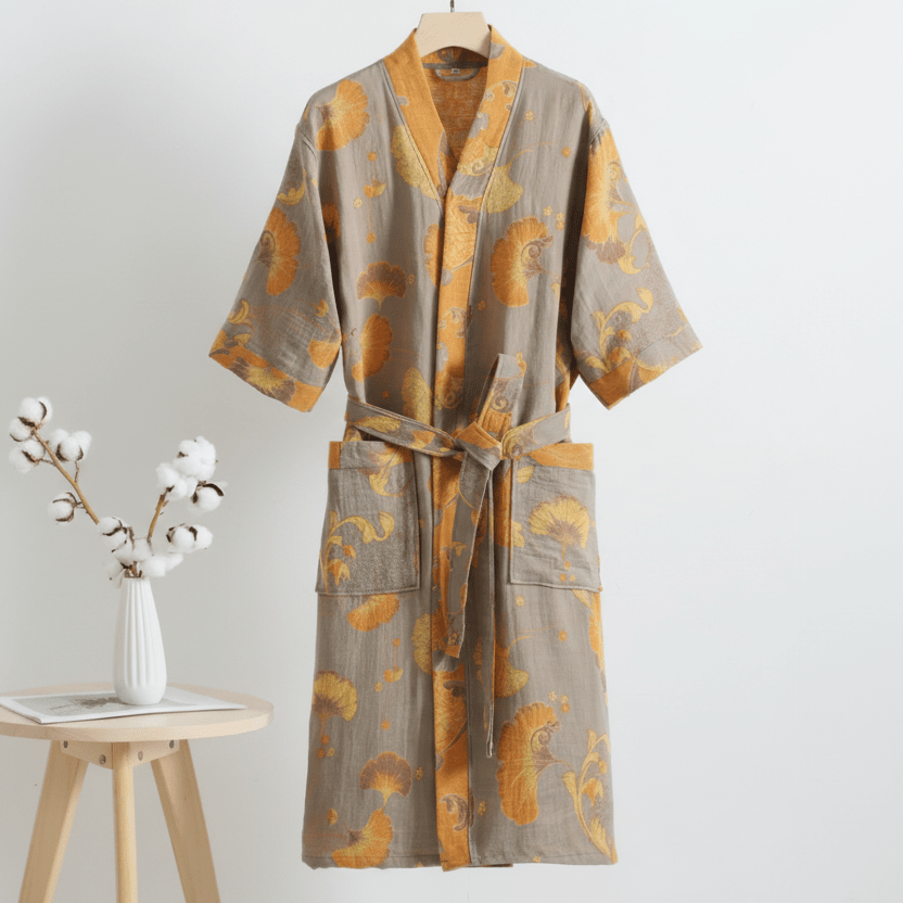 LeafKimono - Reversible Organic Cotton Bathrobe with Ginkgo Leaf Motif 3