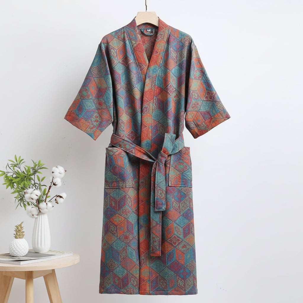 LeafKimono - Reversible Organic Cotton Bathrobe with Ginkgo Leaf Motif 8
