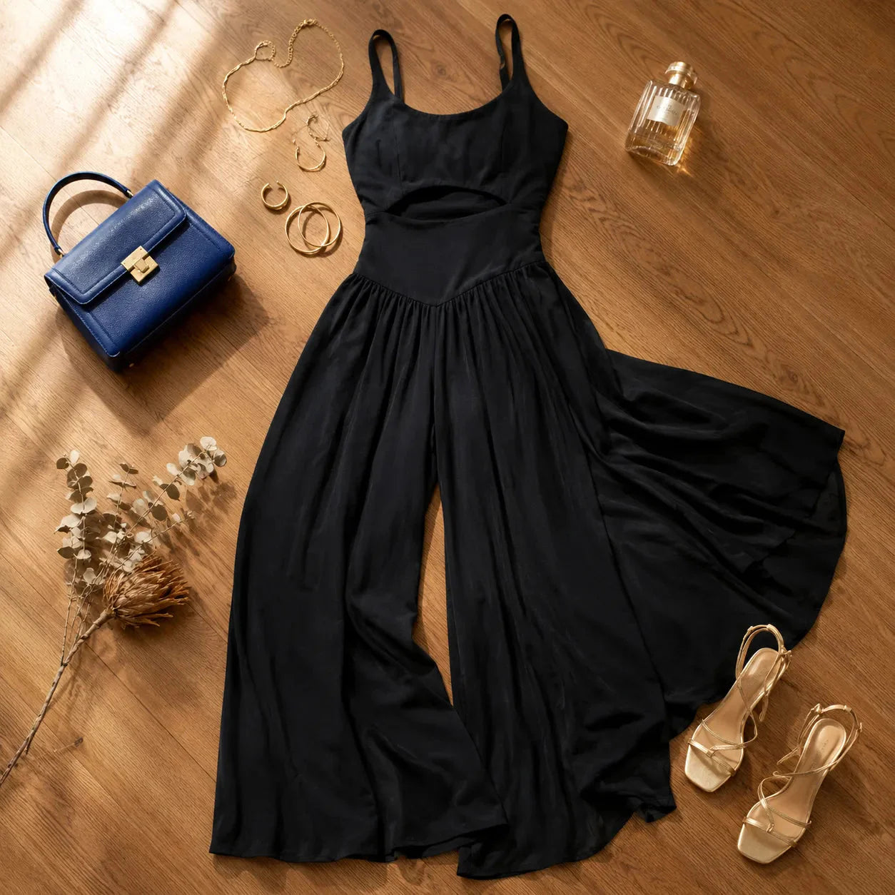 JUMPLORA – Sleeveless Wide Leg Jumpsuit with Adjustable Back Tie Detail