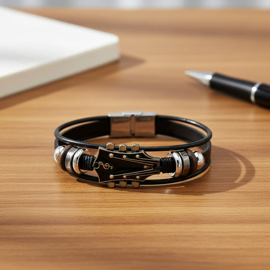 MUSIKSTRUM - Adjustable Men's Leather Bracelet with Guitar-Inspired Design 0