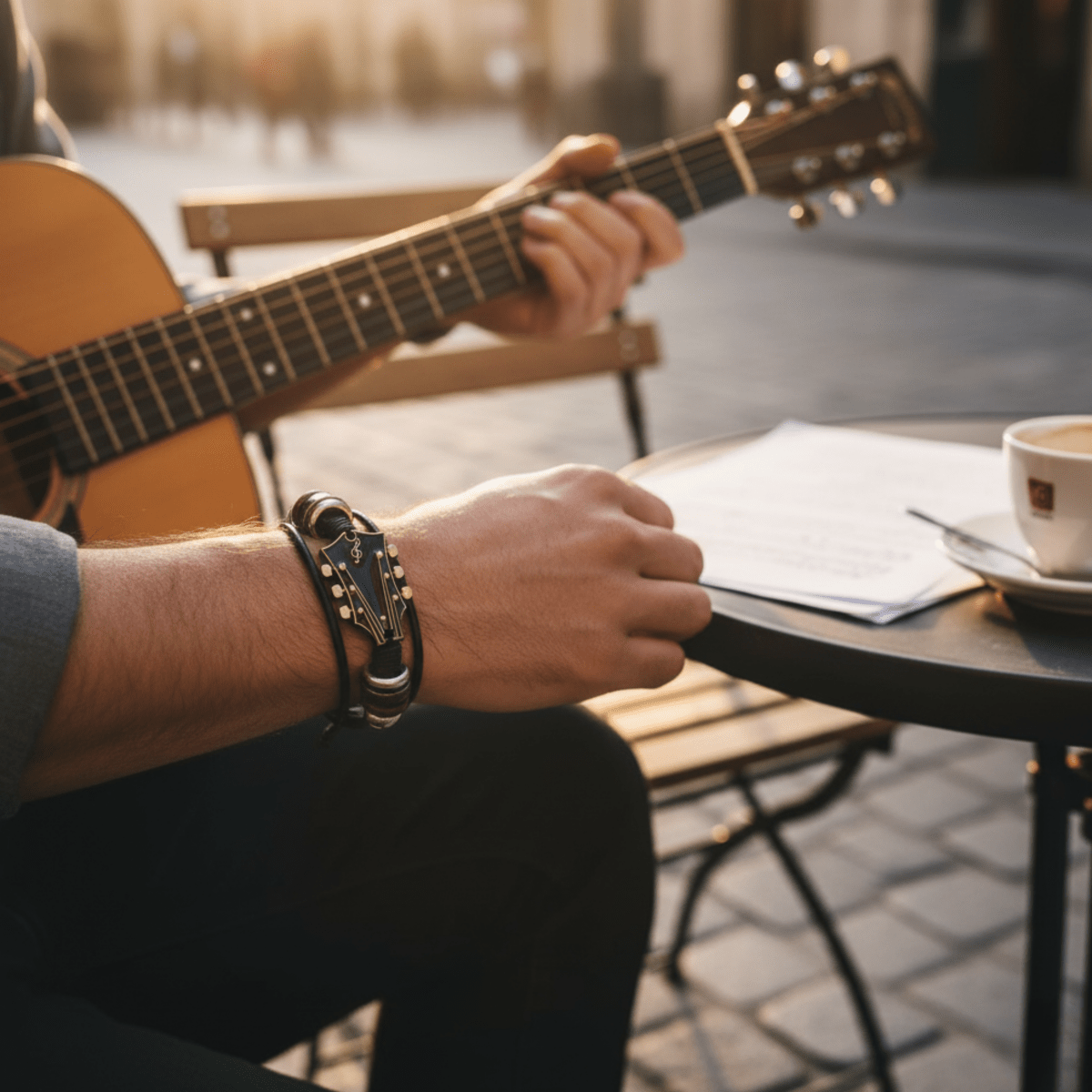 MUSIKSTRUM - Adjustable Men's Leather Bracelet with Guitar-Inspired Design 5