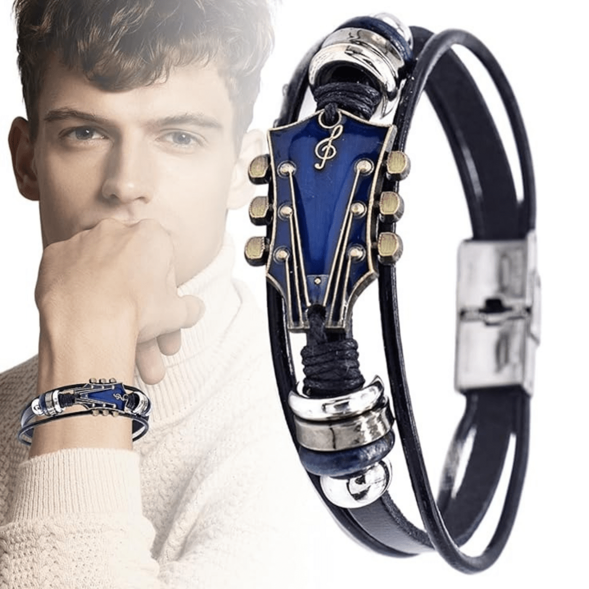 MUSIKSTRUM - Adjustable Men's Leather Bracelet with Guitar-Inspired Design 7