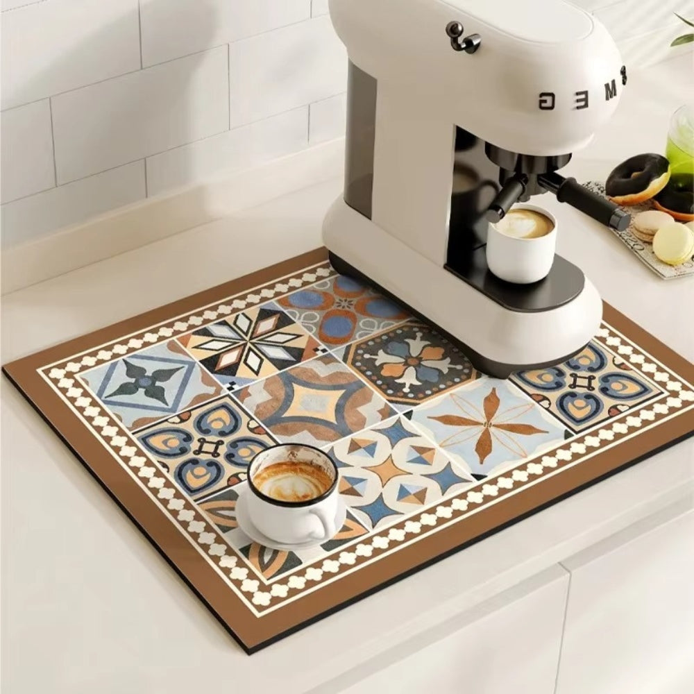Retro Tile Design Coffee Mat - Super Absorbent Non-Slip Coffee Bar Mat 0