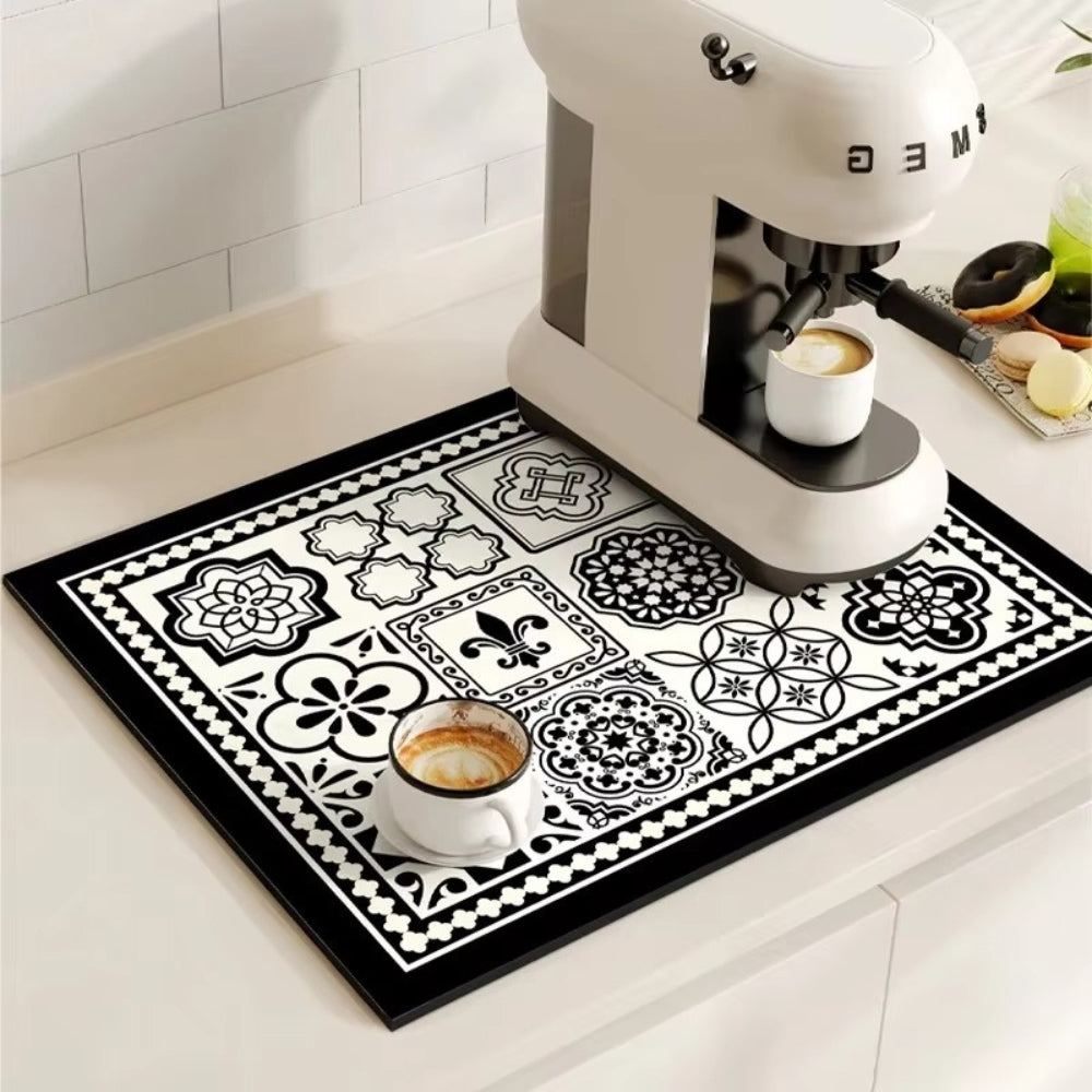 Retro Tile Design Coffee Mat - Super Absorbent Non-Slip Coffee Bar Mat 1
