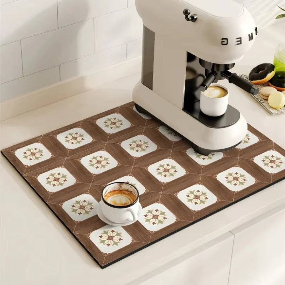 Retro Tile Design Coffee Mat - Super Absorbent Non-Slip Coffee Bar Mat 12