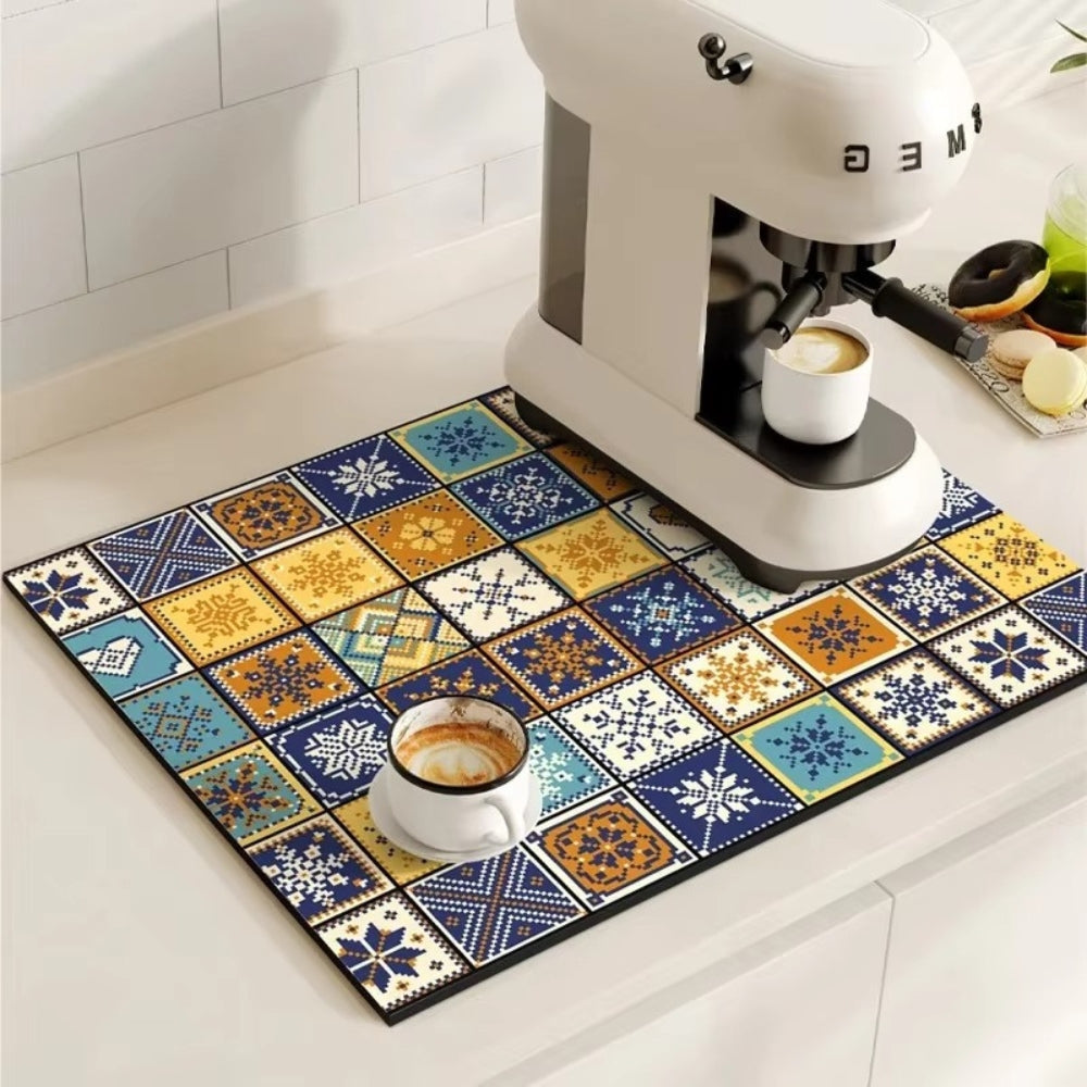Retro Tile Design Coffee Mat - Super Absorbent Non-Slip Coffee Bar Mat 13