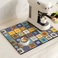 Retro Tile Design Coffee Mat - Super Absorbent Non-Slip Coffee Bar Mat 13