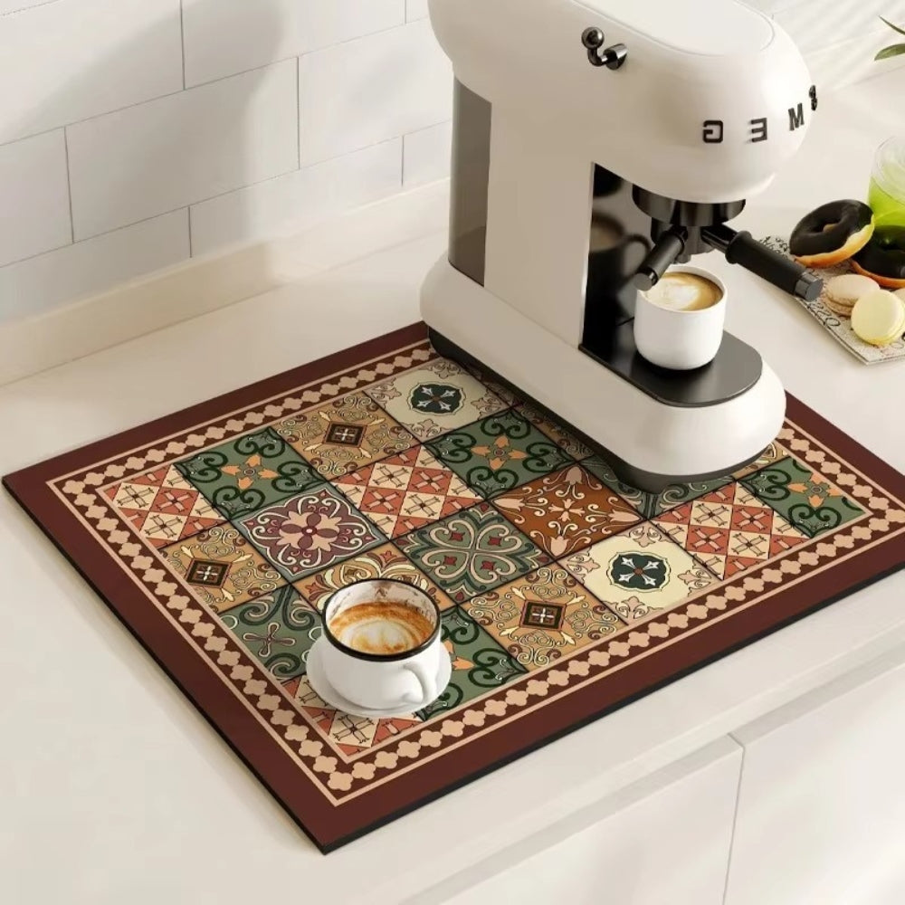 Retro Tile Design Coffee Mat - Super Absorbent Non-Slip Coffee Bar Mat 14