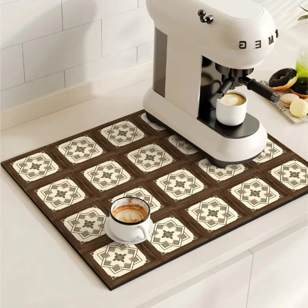 Retro Tile Design Coffee Mat - Super Absorbent Non-Slip Coffee Bar Mat 2