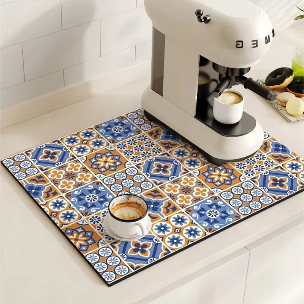 Retro Tile Design Coffee Mat - Super Absorbent Non-Slip Coffee Bar Mat 3