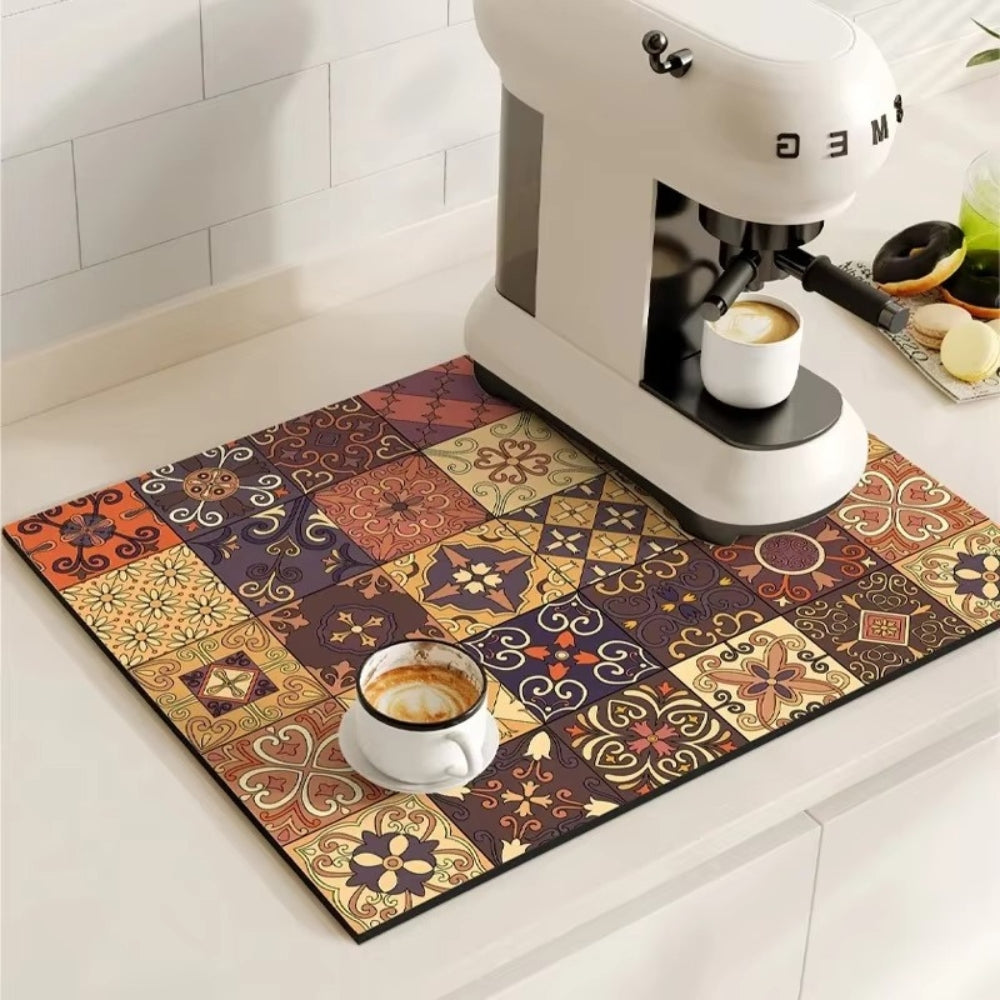 Retro Tile Design Coffee Mat - Super Absorbent Non-Slip Coffee Bar Mat 4