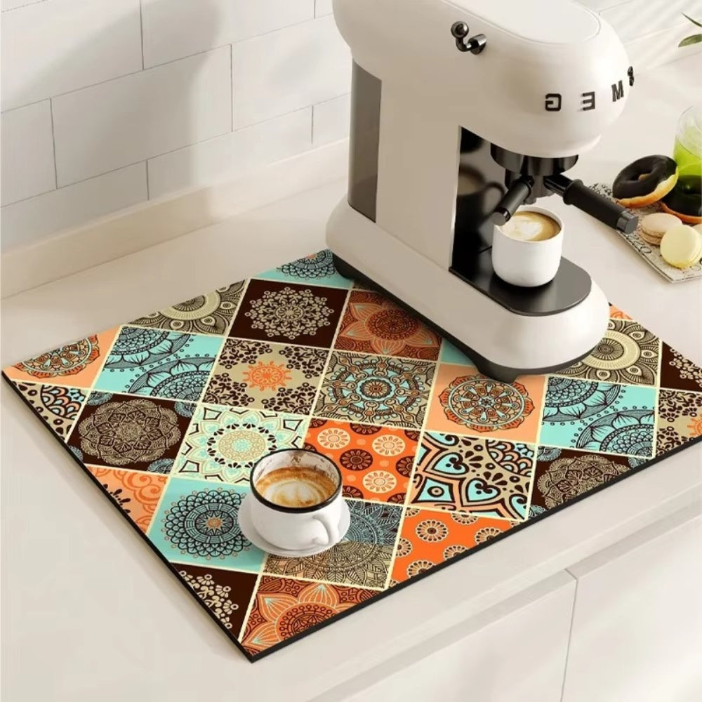 Retro Tile Design Coffee Mat - Super Absorbent Non-Slip Coffee Bar Mat 5