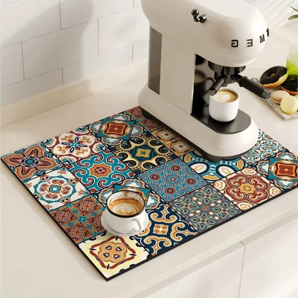 Retro Tile Design Coffee Mat - Super Absorbent Non-Slip Coffee Bar Mat 8