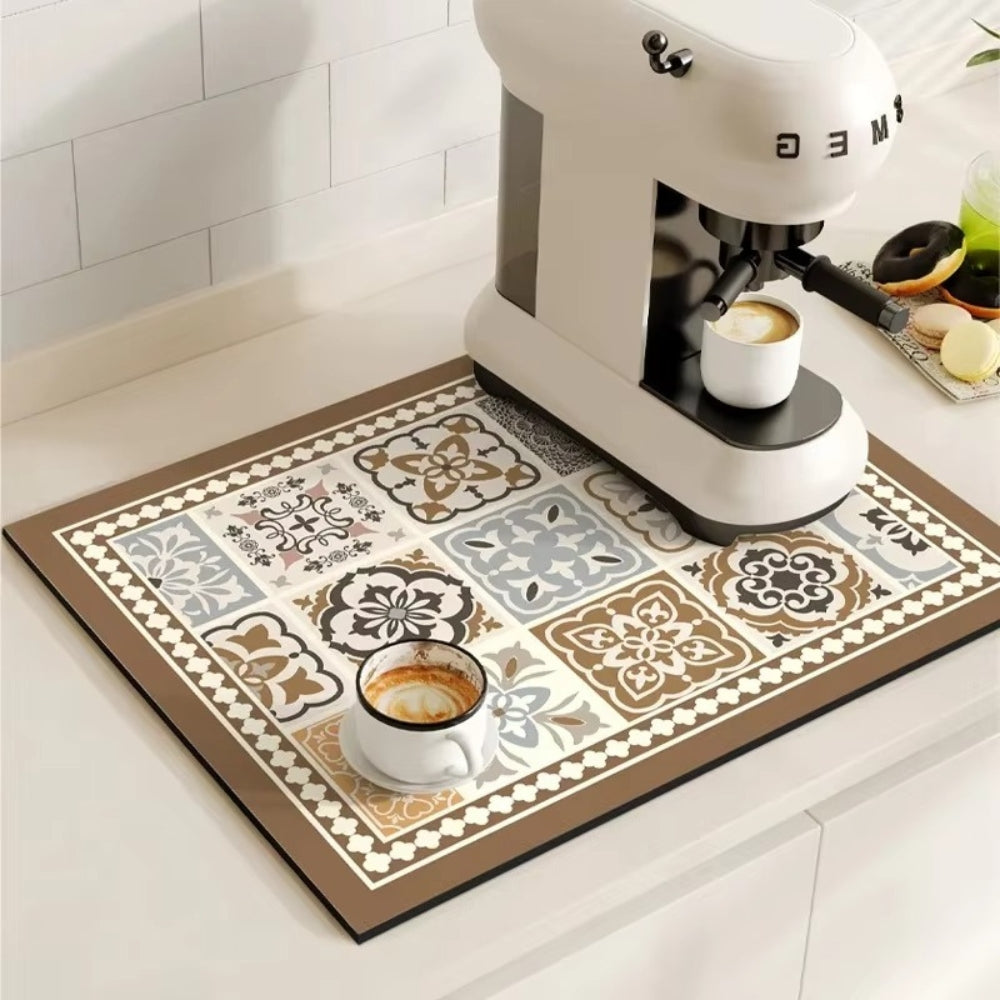 Retro Tile Design Coffee Mat - Super Absorbent Non-Slip Coffee Bar Mat 9