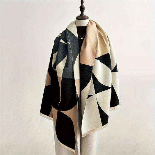 Reversible Poncho Scarf - Soft Microfiber Blend with Geometric Design 0